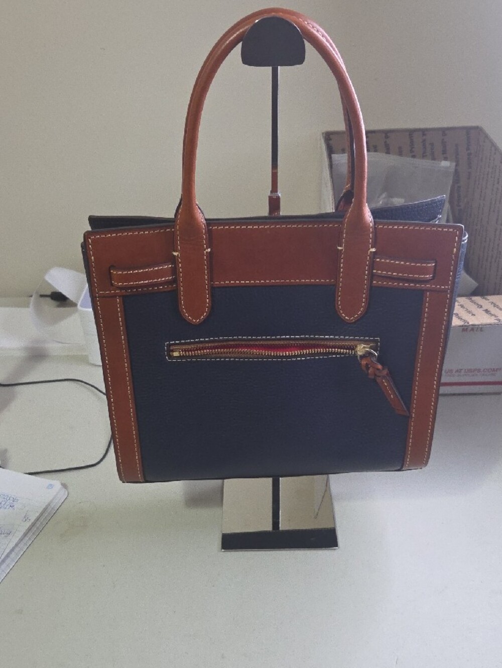 Dooney And Bourke Ariel Navy and Brown Leather Tote Bag - Picture 4 of 11